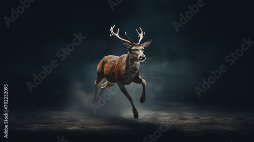A deer runs across a field at night