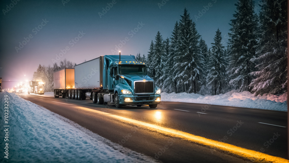 Truck driving on snowy road at night logistic