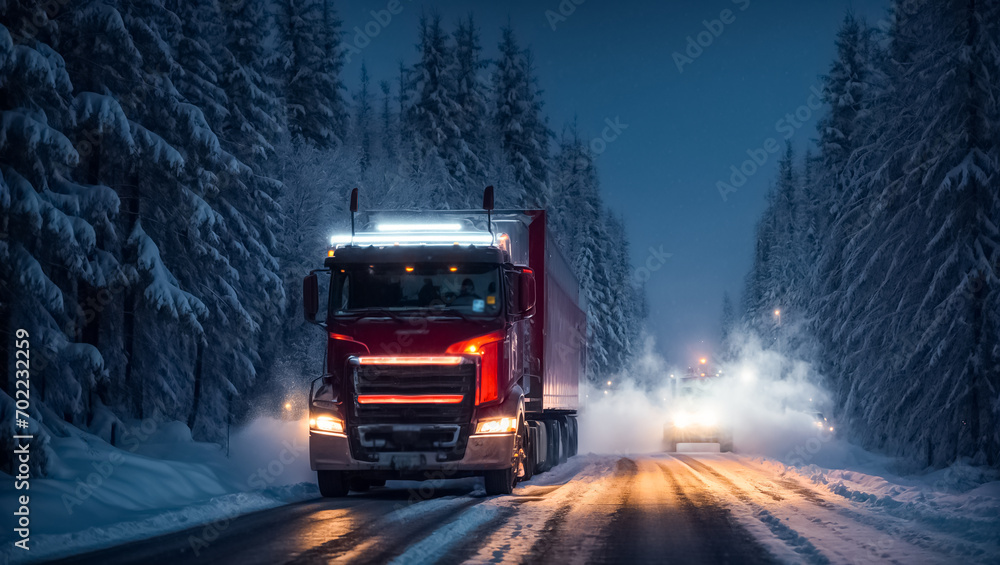 Obraz premium Truck driving on snowy road at night outdoor