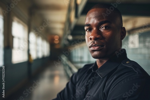A focused black male prison guard overseeing order and safety within the prison walls