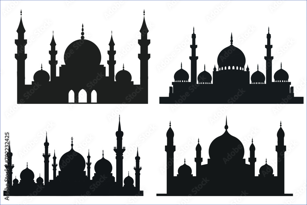 Mosque silhouettes icon set, Vector of a Muslim Mosque Silhouette