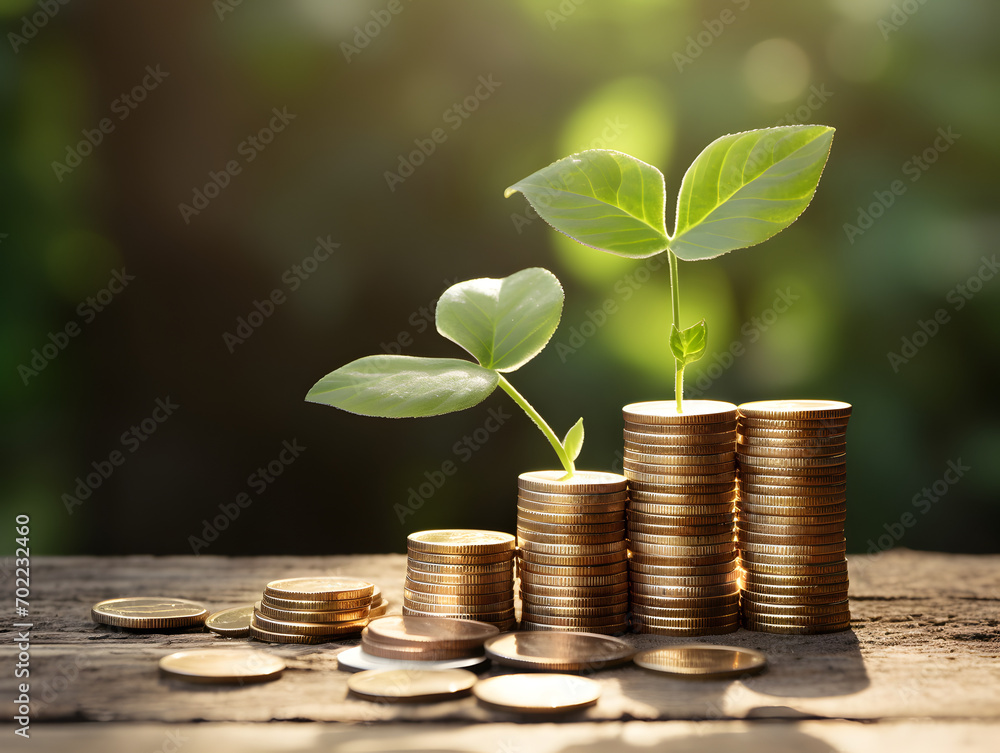 Coins stacks and sprout growing. Saving money in progress like plant growth Coins stacks and sprout growing. Saving money in progress like plant growth