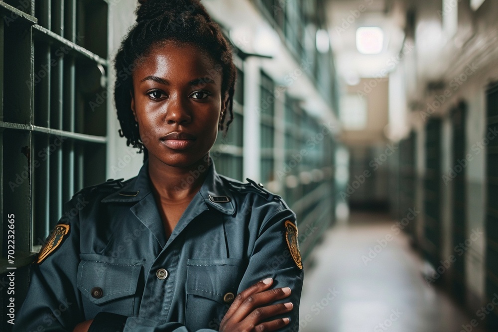 A focused female prison guard in uniform overseeing order and safety within the prison walls - obrazy, fototapety, plakaty 