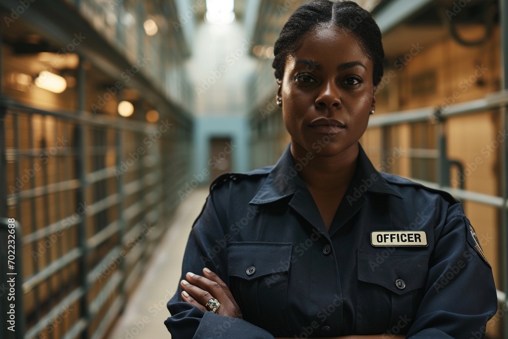 An empowered black female correctional officer standing firm in the demanding environment of a prison - obrazy, fototapety, plakaty 