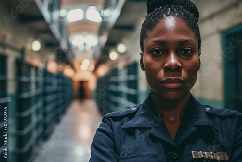 A dedicated black female correctional officer ensuring security within the confines of a prison facility photo