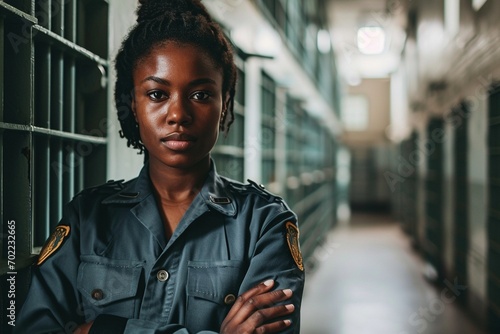 A focused female prison guard in uniform overseeing order and safety within the prison walls photo