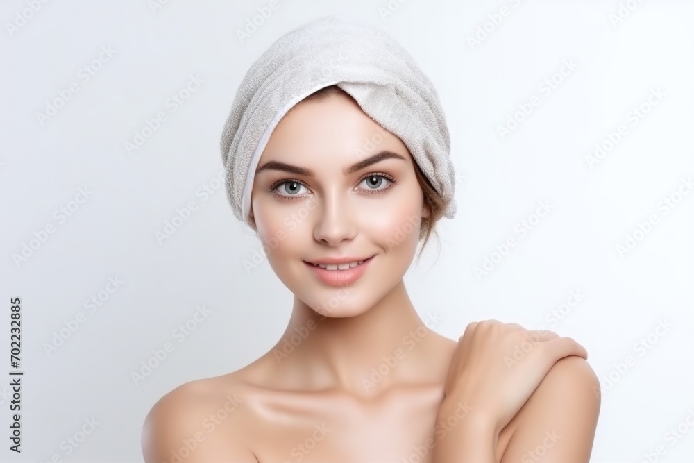 A young woman with a white towel wrapped around her head, showcasing healthy and clear skin A young woman with a white towel wrapped around her head, showcasing healthy and clear skin