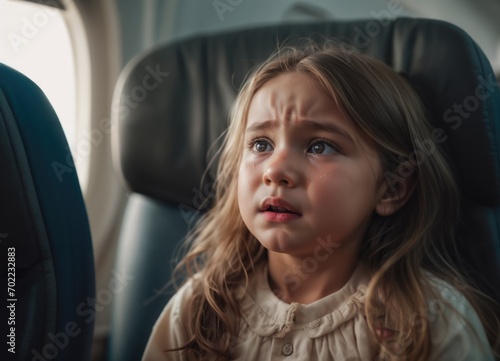 sad little girl crying inside an airplane © i-element