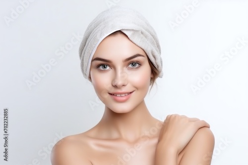 A young woman with a white towel wrapped around her head, showcasing healthy and clear skin