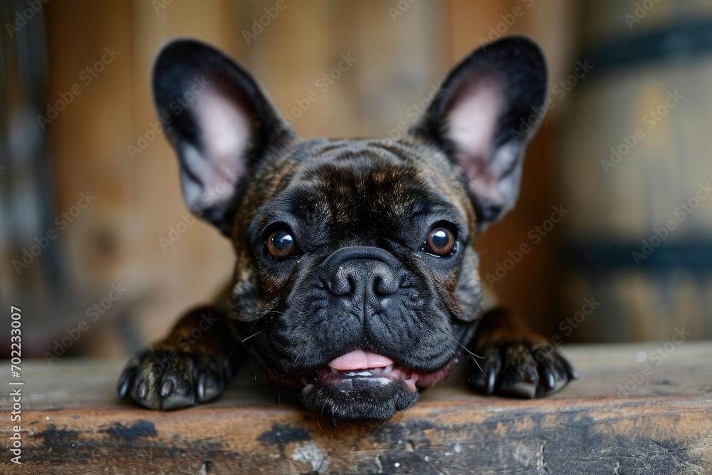 A content french bulldog rests peacefully on a rustic wooden floor, exuding the playful charm of its toy bulldog ancestors while showcasing its adorable snout and gentle nature as a beloved indoor pe