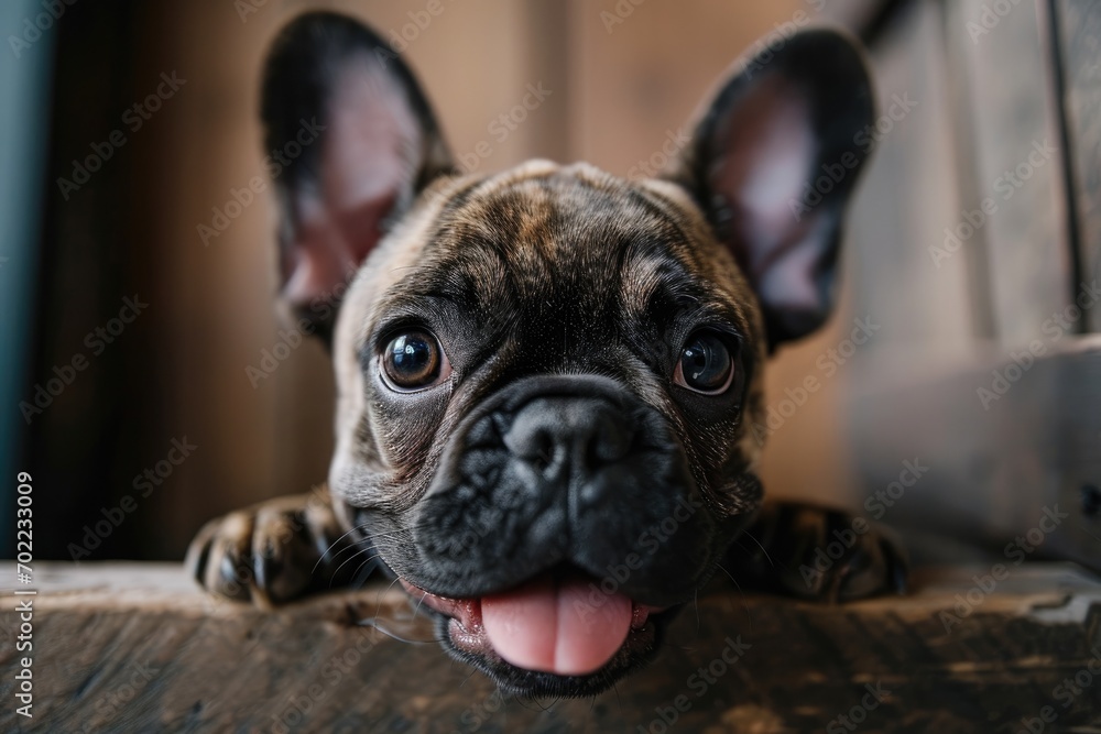 An adorable french bulldog puppy sticks out its tongue, showcasing its playful and lovable nature among other indoor dog breeds such as the pug and boston terrier in the nonsporting group