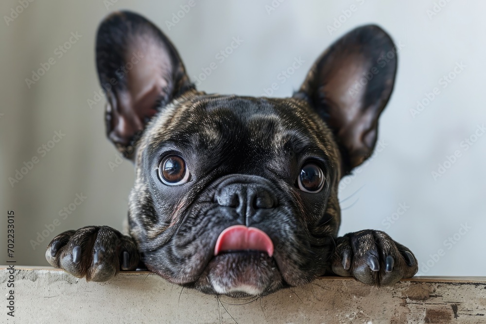 A playful french bulldog and boston terrier, belonging to the non-sporting group, peeks over a ledge with its snout, eager to explore indoors as a beloved pet