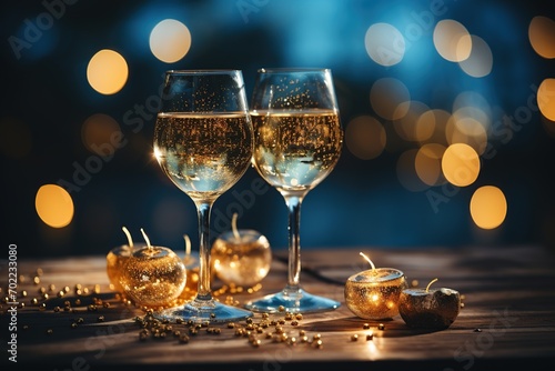 glasses of sparkling white wine with a festive golden bokeh background, suggesting a celebration or festive occasion.