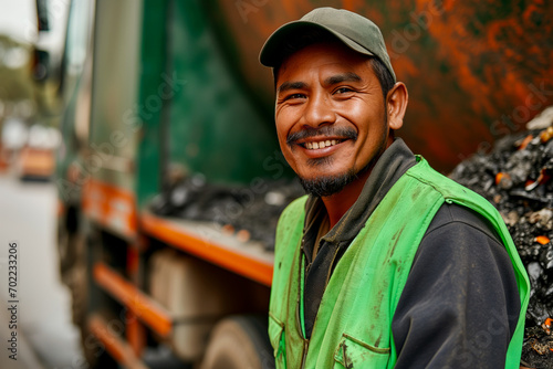 Mexican sanitation worker in green vest smiling in front of a garbage truck photo