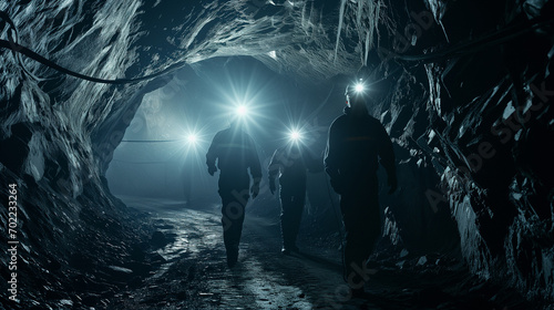 Silhouette of Group of mining labour workers walks through dark underground tunnel coal mine with glowing head lamps
