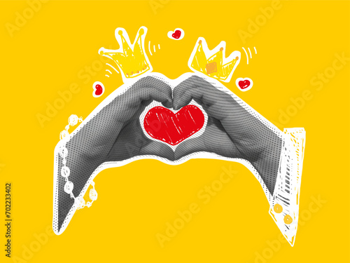 A collage of hands shows the shape of a heart, the hands of a female queen and a male king, crowns on top, red hearts, a girl's bracelet and a man's sleeve. Vector illustration.