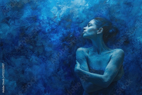 A contemplative woman, with her arms crossed and a determined expression, gazes serenely at the viewer in this striking underwater painting, capturing the fluidity and complexity of the human face an
