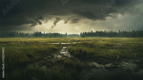 A dramatic scene capturing storm clouds gathering over a lush, rain-drenched field.