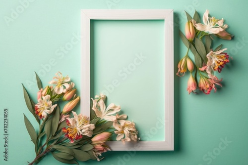 Summer time concept. Top view flat lay of alstroemeria flowers on pastel teal background with an empty frame for text or advert, Generative AI photo