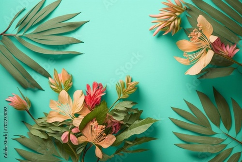 Tropical summer fruit concept. Top view flat lay of vibrant alstroemeria flowers exotic palm leaves on pastel teal background with blank area for text  Generative AI