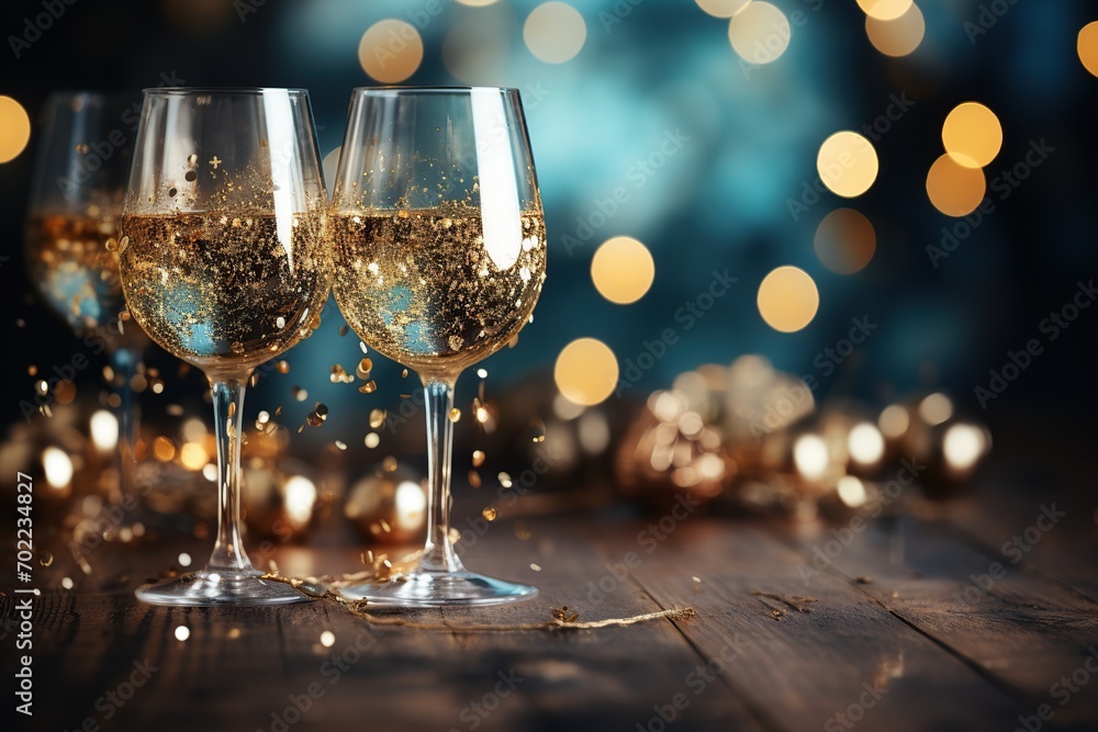 glasses of sparkling white wine with a festive golden bokeh background, suggesting a celebration or festive occasion. glasses of sparkling white wine with a festive golden bokeh background, suggesting a celebration or festive occasion.