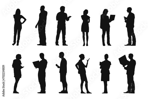 Silhouette of business men and women are discussing via phone, laptop, etc.