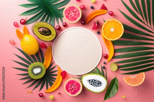 Exotic summer flavors. A mouth-watering flat lay top view of tropical fruits dragon fruit, kiwi, orange, lime, and coconut, on a pink background with palm leaves and an empty circle, Generative AI