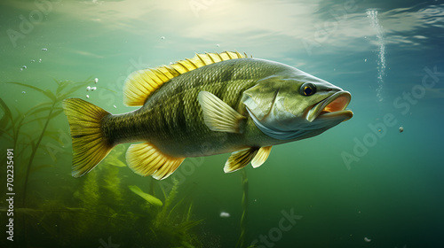 Underwater picture of a fresh water fish bass AI generative
