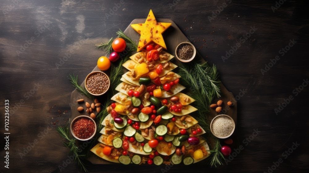 Creative table setting for the holiday, a Christmas tree made of food. Cheese, nuts and various vegetables. Wooden table, top view.