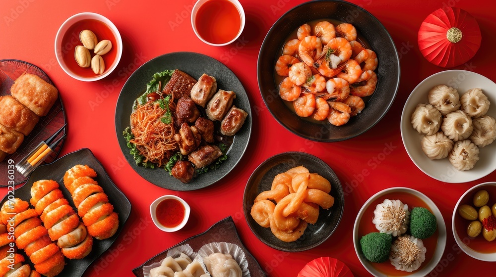 Chinese festive table Asian food flat lay view. Lunar new years. Chinese New Year. Asian festive food Chinese festive table Asian food flat lay view. Lunar new years. Chinese New Year. Asian festive food