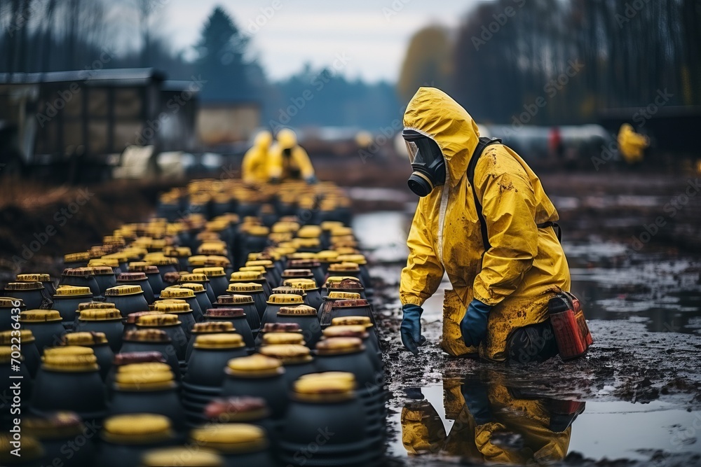 A man in a yellow chemical protective suit walks among radioactive waste. Concept: environmental pollution, hazardous chemicals, damage control - obrazy, fototapety, plakaty 