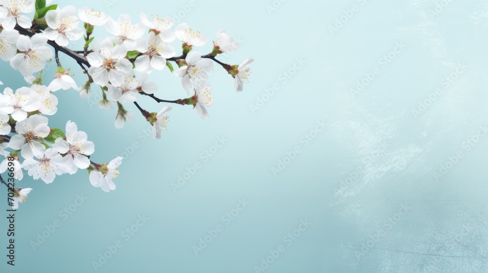 branches of a blooming white apple tree on a blue background. spring background, place for your text. branches of a blooming white apple tree on a blue background. spring background, place for your text.