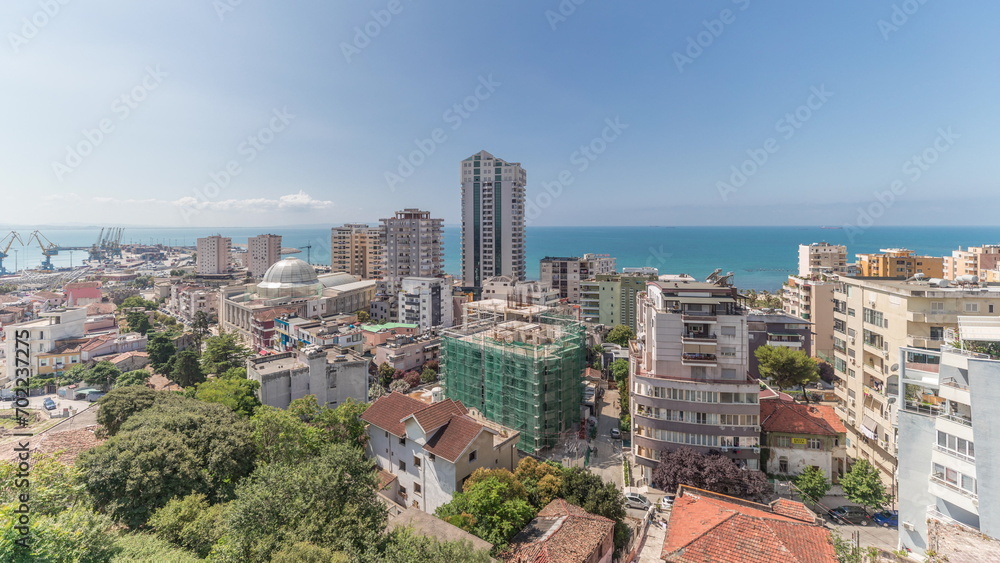 Panorama showing aerial view of city centre and the harbour of Durres timelapse from viewpoint, Albania.
