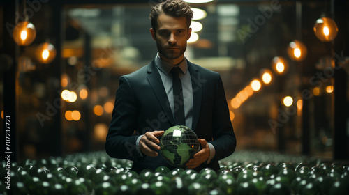 ESG environmental social governance business strategy investing concept. Businessman holding green world ball with Esg icons.Ethical and sustainable investing. Enhance ESG alignment of investments photo