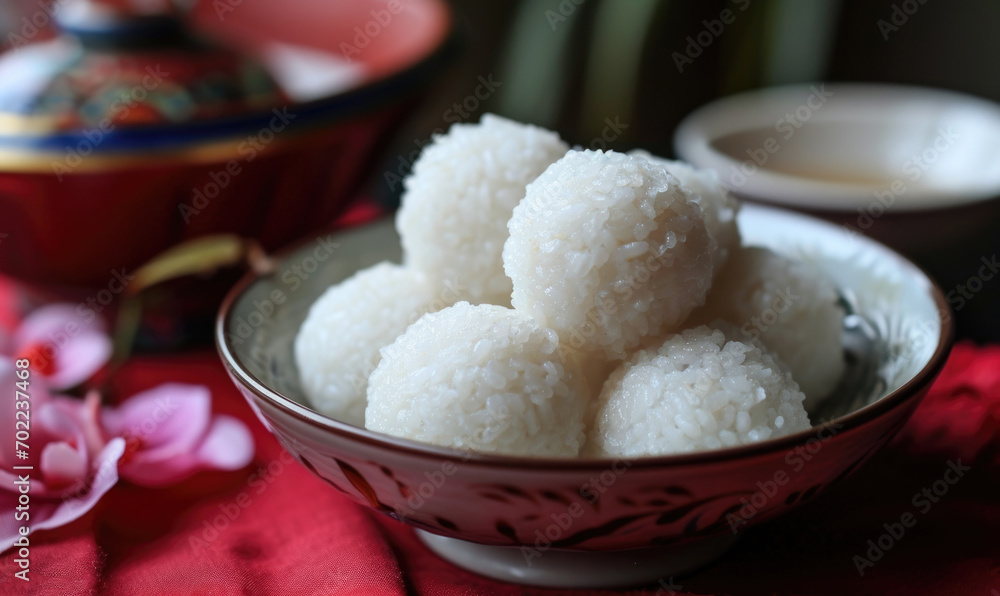 Tang yuan. Sweet rice balls in a plate. Chinese round sweet rice balls dessert for new year table. 汤圆 tangyuan Rice tong yuen