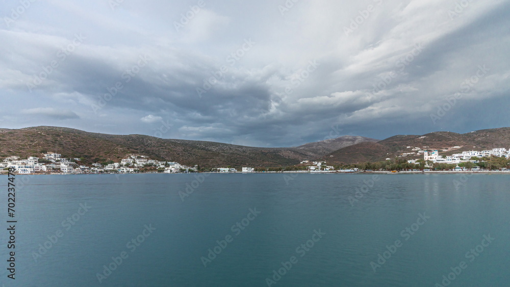 Panorama of Amorgos island evening timelapse. Greece