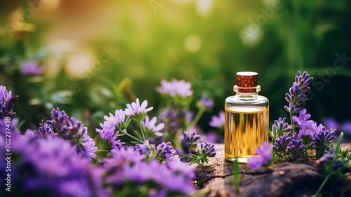 Floral Essence: A Small Bottle of Scent Adorned with Delicate Flowers, Capturing the Essence of Nature's Fragrance in a Petite Elegance - AI Generative