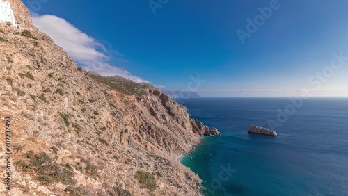 The Hozoviotissa Monastery standing on a rock over the Aegean sea in Amorgos island timelapse hyperlapse, Greece.