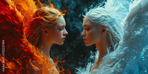 fantasy illustration of a bad demonic girl versus white angel girl photo