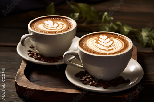 Two cups of hot coffee cafe latte with beautiful heart shaped latte art, served on rustic wooden tray, coffee lover and beverage concept.