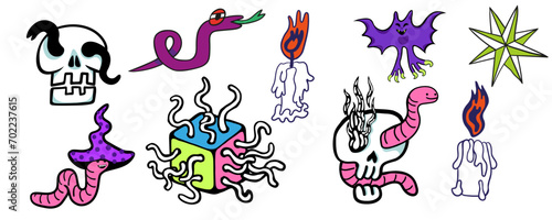set of doodle elements in vector.halloween objects.image for stickers, print, app, design, web site, label, poster, postcard . Series of teenage icons