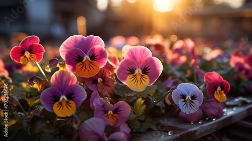 Sun-kissed pansies display their vivid purple and yellow hues, a testament to spring's vibrant bloom. photo