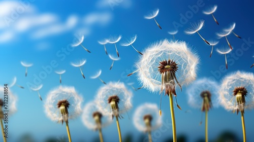 Dandelion s delicate seeds poised for flight  stand out against a soft  blue background.