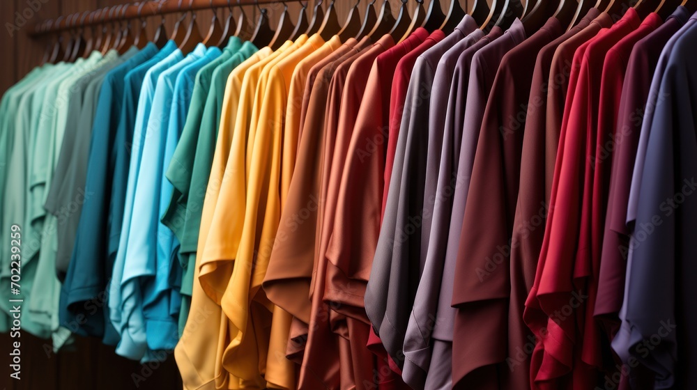 Richly textured garments in a spectrum of colors hang in a row, offering a feast for the eyes.