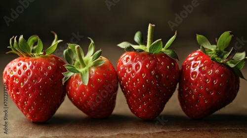 A Trio of Juicy Strawberries on a Wooden Table