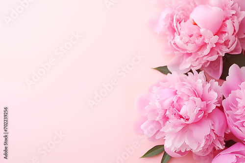 Spring flowers on a soft pink background in the foreground on the right  gorgeous pink peonies. Spring card. Background for summer and spring. Generative AI © Rita