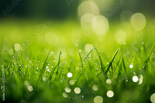 Fresh green grass background in sunny summer day in park. Summer grass with dew. Generative AI