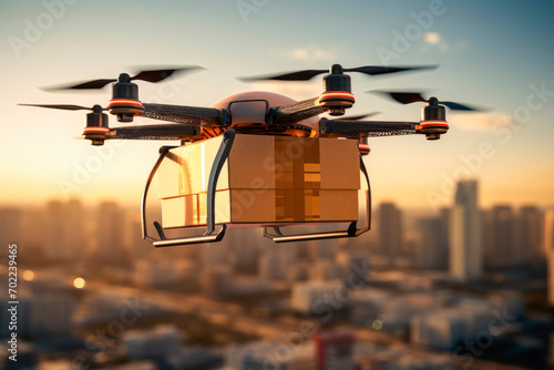 Drone flying through the air with a delivery box package. Carrying a package  drone delivery concept.