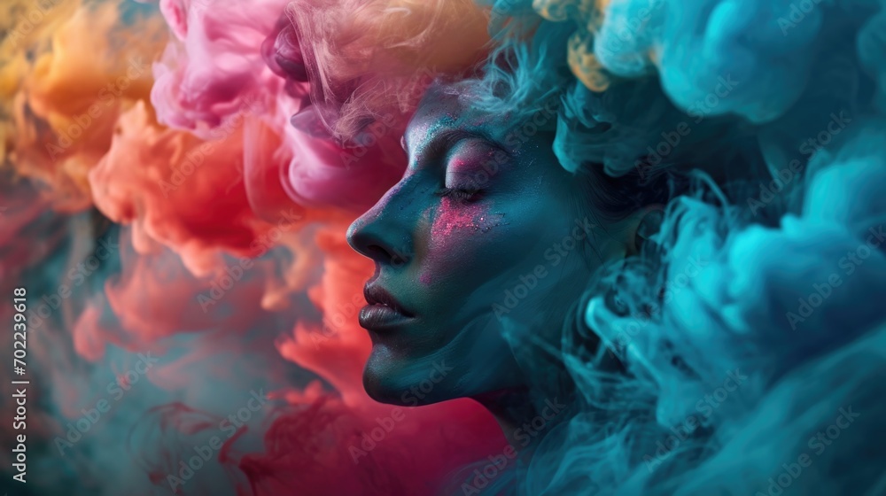 Colorful Smoke Surrounding the Captivating Face of a Woman