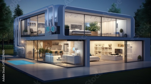 Modern futuristic minimalist house design 3D rendering with interior view photo